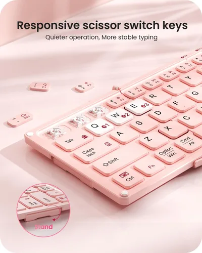 Vista 8 de Artciety - Teclado Bluetooth plegable, portátil e inalámbrico con panel táctil más grande, teclado plegable de bolsillo rosa para MacOS, Android
