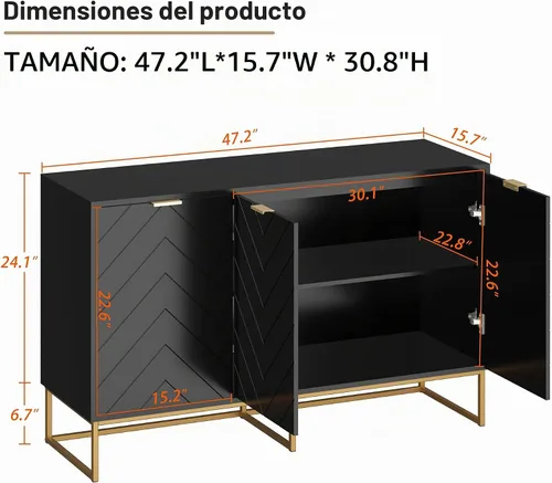 Vista 2 de Aparador moderno de 47 pulgadas con 3 puertas para sala de estar, negro