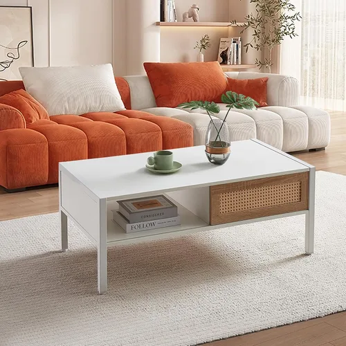 Vista 7 de Mesa de centro de ratán, mesa de centro moderna de mediados de siglo de 40.3 pulgadas con almacenamiento, mesa rectangular de madera para sofá