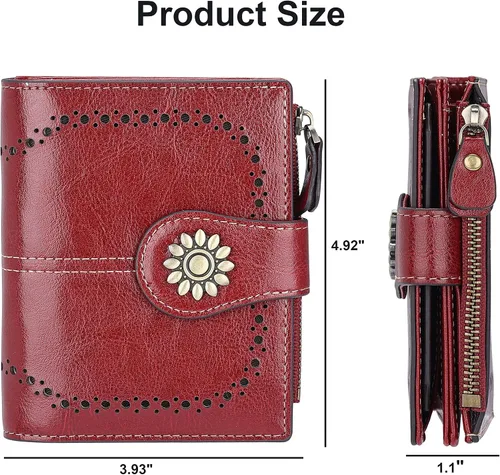 Vista 6 de Lavemi Cartera de cuero para mujer, pequeña, compacta, con bloqueo RFID, con bolsillo con cremallera
