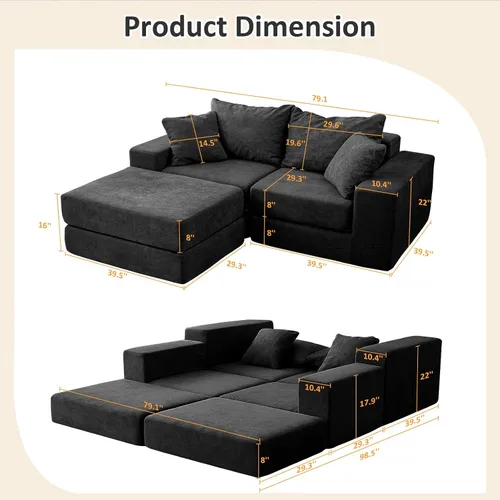 Vista 3 de Sofá modular modular de dos plazas Cloud con otomana, negro, 79 pulgadas Negro claro