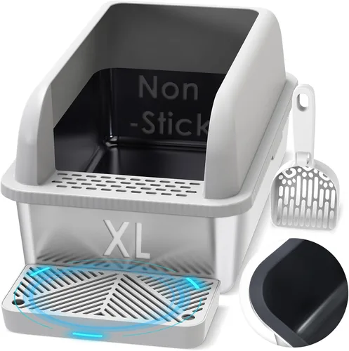 Vista 12 de Caja de arena de acero inoxidable para gatos con tapa cerrada, caja de arena extra grande para gatos grandes, bandeja de arena de metal XL