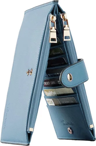 Vista 19 de Travelambo Billeteras de cuero para mujer, delgada, con bloqueo RFID, billetera plegable para tarjetas de crédito, Marrón beige