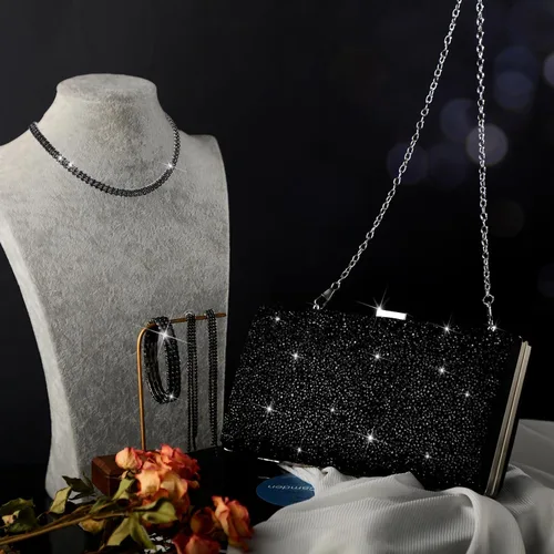 Vista 3 de Kigeli 4 piezas de diamantes de imitación para mujer, bolsa de embrague de noche, collar y pulsera para boda formal
