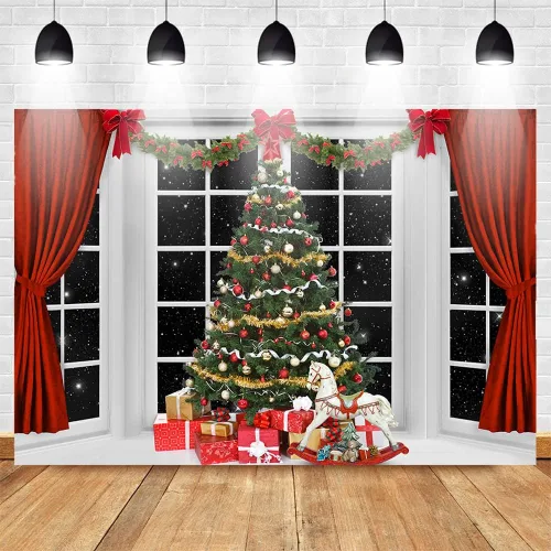 Vista 3 de Mocsicka Fondo de fotografía de ventana interior de Navidad, árbol de Navidad, escenario de noche estrellada, fondo fotográfico, familia, niños