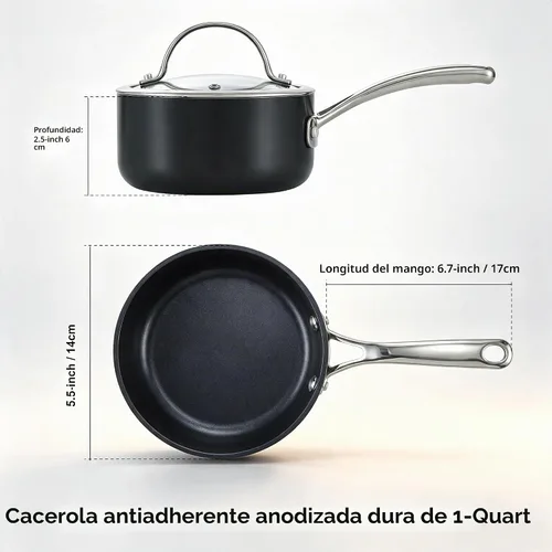 Vista 2 de Cooks Standard NC-00340 – Sartén con tapa de grado Premium, anodizado, sólido, antiadherente, 1 qt, Negro