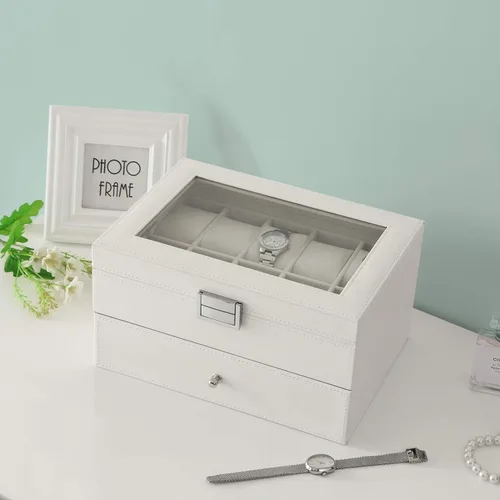 Vista 7 de BEWISHOME Organizador de caja de reloj 20 hombres y mujeres caja de reloj Soporte de almacenamiento Bisagra de metal blanco PU cuero superior