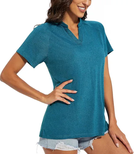 Vista 2 de MAGCOMSEN Camiseta deportiva de manga corta con cuello en V para mujer, absorbe la humedad, UPF 50+, camiseta deportiva para golf