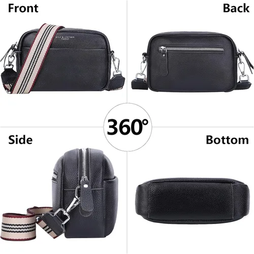 Vista 3 de Bolso cruzado para mujer de cuero genuino con correa ancha, bolso de hombro, bolso de mano, diseño moderno, bolso cruzado para cámara, cierre