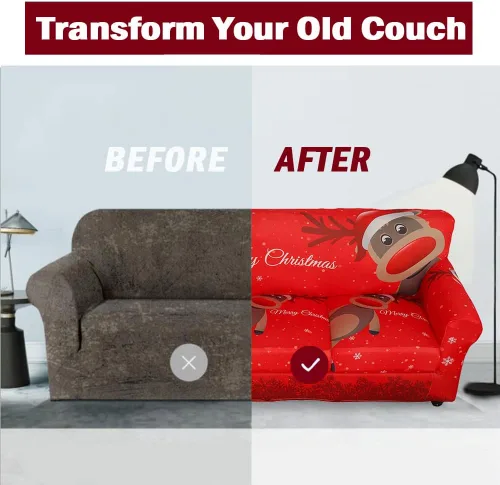 Vista 5 de XMNTG Funda elástica para sillón de 2 piezas, con temática navideña, estampado de ciervos, alce, decoración del hogar, extraíble, antideslizante