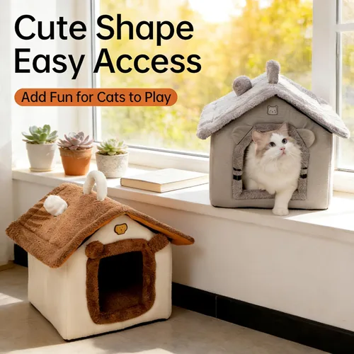 Vista 4 de Cama para gatos de interior, cama tipo cueva de gato con diseño de dibujos animados, diseño de mango, escondite suave para interiores, bonita casa