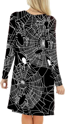 Vista 5 de Deerose Disfraz divertido con estampado de Halloween para mujer con bolsillos, H Telaraña
