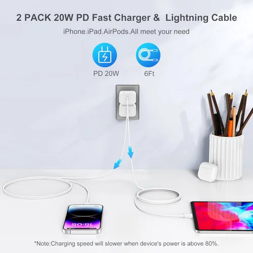 Vista 3 de Cargador para iPhone de carga rápida original [certificado Apple MFi], paquete de 2 bloques de carga de pared tipo C con 2 cables USB C a Lightning