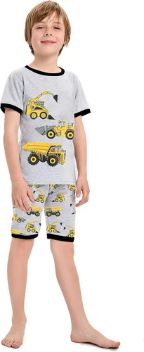 Vista 3 de Little Hand Conjunto de pijama para niño, pijama corto para niños, ropa de dormir de camión monstruo, ropa de dormir de algodón para excavadora