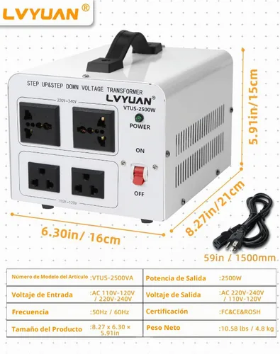 Vista 7 de LVYUAN Transformador de voltaje de 2500 W, convertidor de potencia elevador de 110 V a 220 V, reductor de 220 V a 110 V, 110/120 voltios - 220/240