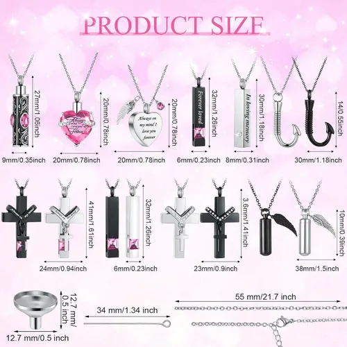 Vista 37 de 16 piezas de collar de urna para cenizas, medallón de cenizas talladas de acero inoxidable impermeable con 8 kit de relleno, cilindro de corazón