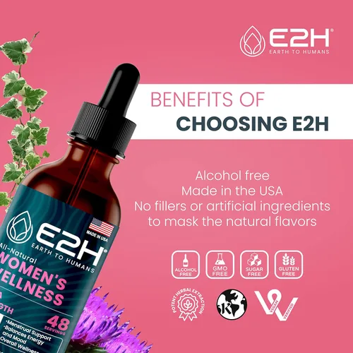 Vista 8 de E2H All Natural Women's Wellness, equilibrio hormonal y alivio del síndrome premenstrual con cohosh negro, Dong Quai y raíz de regaliz para aliviar
