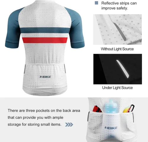 Vista 5 de INBIKE Maillot de ciclismo para hombre, 3 bolsillos traseros, absorbe la humedad, manga corta, secado rápido, reflectante, camisas de ciclismo