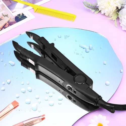 Vista 7 de Kit de extensión de cabello de queratina: plancha térmica, gránulos de pegamento de queratina, plantillas protectoras, pinzas para el cabello y Negro