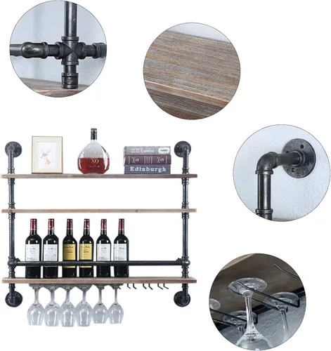 Vista 3 de DNYSYSJ Estante de vino negro de 3 niveles montado en la pared con soporte para vidrio colgante estilo europeo soporte de almacenamiento de vino