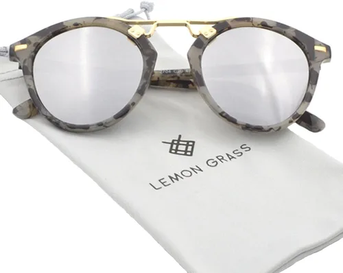 Vista 6 de LEMON GRASS Gafas de sol para mujer, estilo vintage, retro, redondas, espejadas, con borde con cuernos
