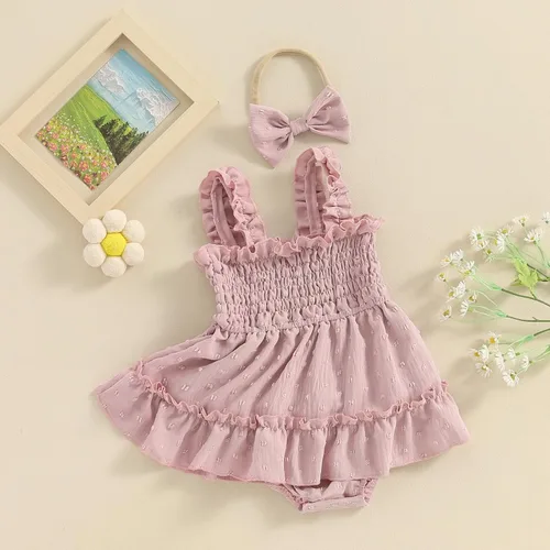 Vista 10 de Mameluco de verano para niña, sin mangas, vintage, con burbujas, vestido de mameluco lindo y diadema