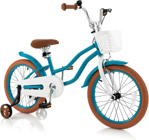 Vista 23 de COSTWAY Bicicleta para niños de 12, 14, 16, 18 pulgadas, bicicleta para niños con ruedas de entrenamiento, frenos de mano y posavasos, sillín