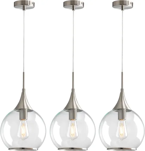 Vista 11 de Luces Colgantes para Isla de Cocina: Lámpara de Estilo Granja Dorada Cepillada con Vidrio Transparente - Globo de Mediados de Siglo de 10 Pulgadas