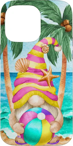 Vista 21 de iPhone 16 Funny Hawaiian Summer Gnome Under Palm Tree For Beach Surfer Case