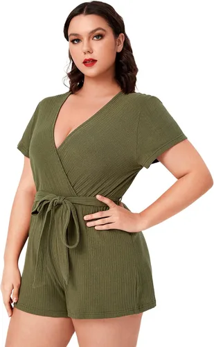 Vista 3 de WDIRARA Women's Plus Size Deep V Neck Wrap Belted Rib Knit Romper Shorts