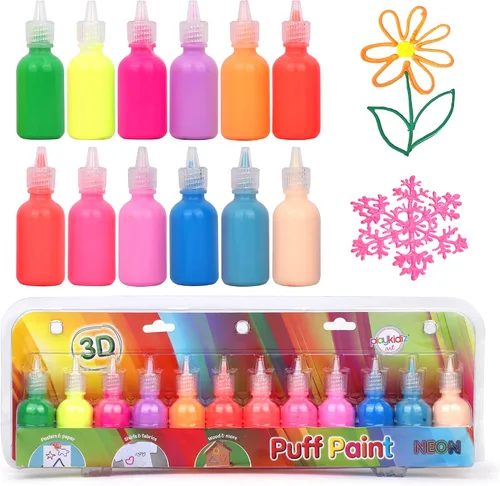 Vista 7 de Pintura de soplo, paquete de 6 pinturas para tela 3D, colores neón, permanente, no tóxica y lavable, juego de pintura para niños a partir de 3 años