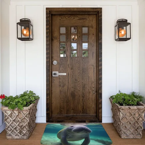 Vista 7 de Tapete para puerta delantera, bonito tapete de bienvenida con estampado de animales marinos y manatíes, absorbente, antideslizante, tapete