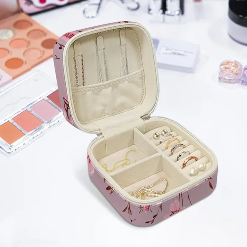 Vista 5 de ONDIAN Mini joyero portátil de viaje de cuero, organizador de joyas de cuero, caja de almacenamiento de flores de cerezo rosa floral para mujeres