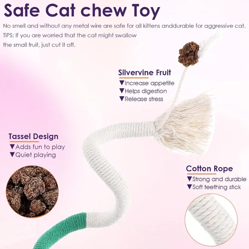 Vista 3 de 6 piezas de cuerda para masticar para gatos, juguetes interactivos para masticar, juguete de cuerda doblada para gatos, juguetes a prueba