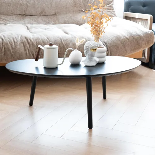 Vista 8 de Mesa auxiliar ovalada pequeña de mediados de siglo moderna para sala de estar, mesa central, mesa de centro de madera maciza, madera natural