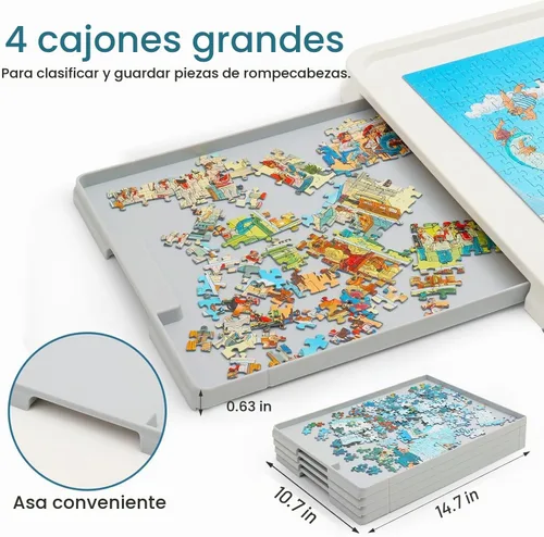 Vista 7 de Playboda - Tabla de rompecabezas giratoria de plástico de 1500 piezas con cajones y cubierta, mesa portátil de rompecabezas de 35 x 27 pulgadas