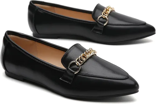 Vista 4 de Tilocow Mocasines de cadena de metal para mujer, puntera puntiaguda, zapatos de trabajo cómodos y a la moda