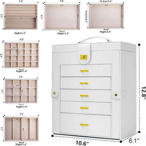 Vista 4 de AKOZLIN Joyero grande organizador funcional con cerradura con espejo grande, estuche de almacenamiento de joyas de cuero para mujeres y niñas