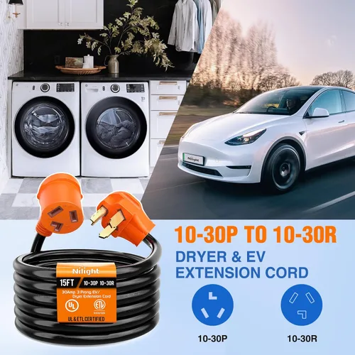 Vista 7 de Nilight Cable de Extensión para Secadora EV de 15 Pies 3 Clavijas 30 Amperios NEMA 10-30P 10-30R Cable de Extensiones Antiguas Servicio Pesado