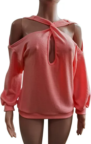 Vista 3 de JURIS Suéter holgado de manga larga con cuello halter y hombros descubiertos para mujer