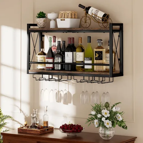 Vista 3 de Shikha - Estante de vino LED montado en la pared con soporte para vidrio Marrón rústico