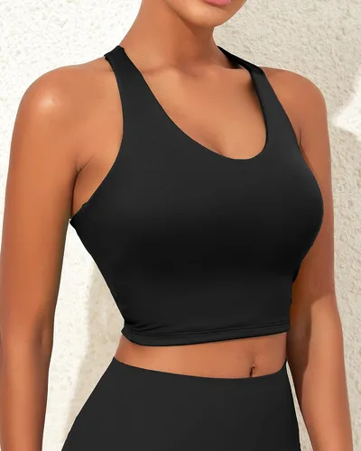 Vista 3 de XUNYU Sujetador deportivo de línea larga para mujer, con tirantes delgados, soporte integrado, espalda abierta, entrecruzada, para yoga