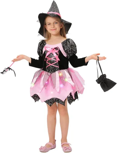 Vista 3 de Disfraz de bruja iluminada para niñas, disfraz de Halloween