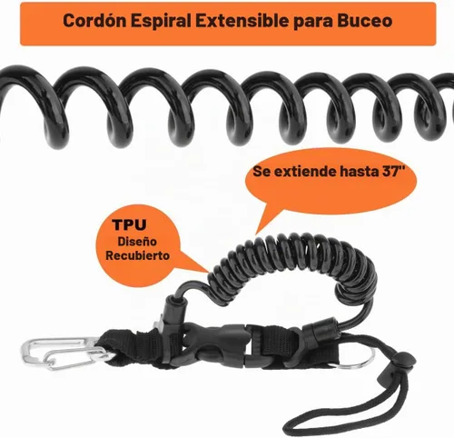 Vista 3 de Cordón de buceo, clip de acero inoxidable con resorte en espiral con correa de cincha, hebilla de liberación rápida, ideal para buceo, linternas