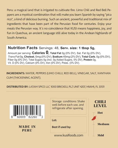 Vista 2 de Kusi Foods ANDEAN HEAT Salsa picante peruana, hecha con chile limusina, pimientos rojos, vinagre y sal, cítricos, picante y ligeramente dulce