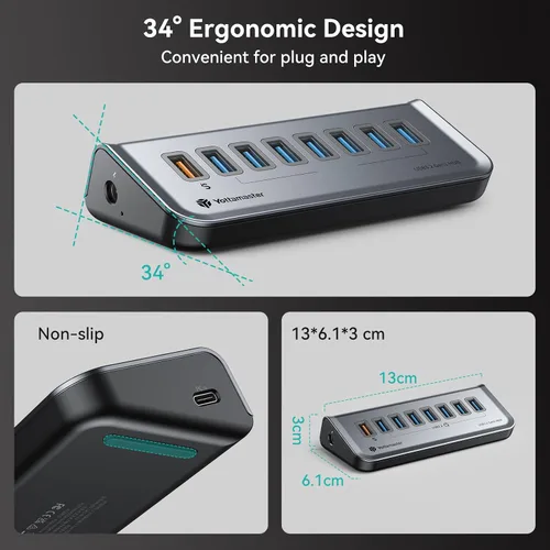 Vista 6 de Hub USB alimentado con cable USB A a C en ángulo recto y cable de extensión USB C, recto, adecuado para APC USB, laptops y consolas