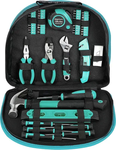 Vista 4 de Amazon Basics Juego de herramientas con bolsa redonda de fácil transporte, 104 piezas, turquesa, 14.4 x 11.4 x 3 pulgadas