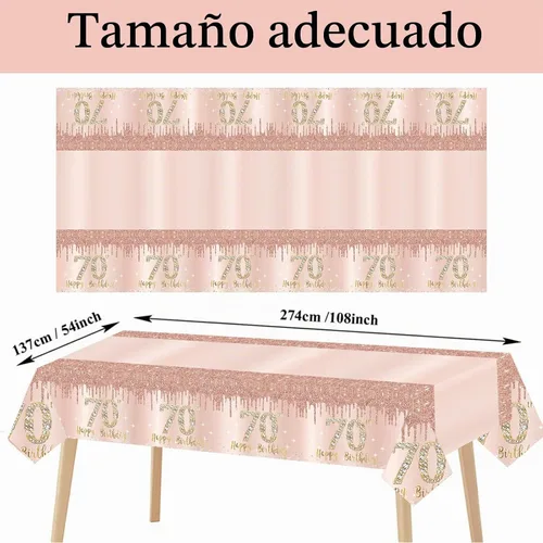 Vista 2 de Pack de 3 manteles de cumpleaños número 70 para mujer, rosado y dorado, mantel de plástico desechable rectangular para fiesta de cumpleaños número