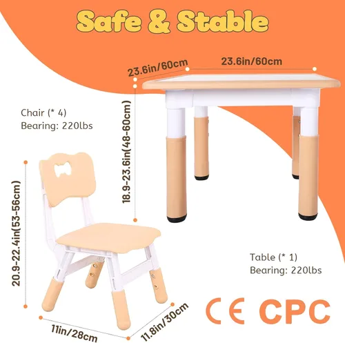 Vista 6 de FUNLIO Juego de mesa y 4 sillas para niños, juego de mesa y sillas para niños de 3 a 8 años, fácil de limpiar, mesa de artes y manualidades