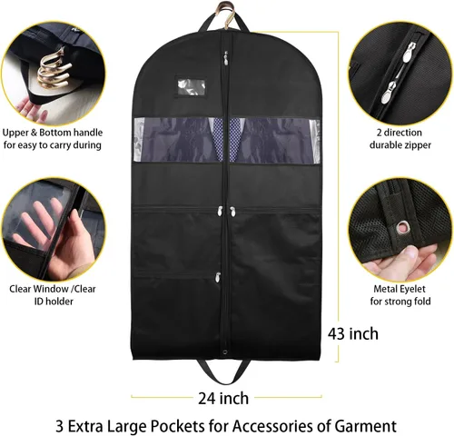 Vista 5 de Bolsas de ropa para viajes, paquete de 2 bolsas de ropa colgantes de 43 pulgadas para hombres, cremallera de doble cara y 3 bolsillos grandes